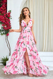 Robe de bal longue plissée à imprimé de fleurs roses avec fente