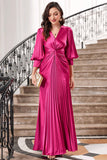 Robe de bal longue plissée fuchsia avec manches lanterne