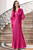 Robe de bal longue plissée fuchsia avec manches lanterne