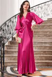 Robe de bal longue plissée fuchsia avec manches lanterne