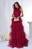 Robe de bal longue trapèze en tulle dos nu bordeaux