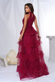 Robe de bal longue trapèze en tulle dos nu bordeaux