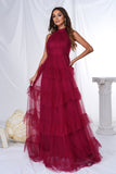 Robe de bal longue trapèze en tulle dos nu bordeaux