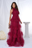 Robe de bal longue trapèze en tulle dos nu bordeaux