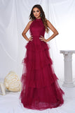 Robe de bal longue trapèze en tulle dos nu bordeaux