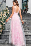 Robe de bal à col en V rose scintillant