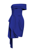 Robe de cocktail asymétrique unie sans bretelles bleue