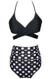 Noir et blanc à pois Halter Criss Cross Maillot de bain bikini deux pièces