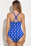 Maillot de bain une pièce taille haute chic bleu blanc à pois découpés