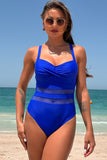 Maillot de bain une pièce bleu à bretelles spaghetti Criss Cross Hollow Out Tummy Control