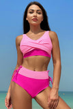 Maillots de bain deux pièces taille haute torsadés à bloc de couleur fuchsia rose