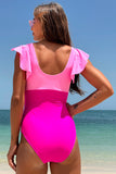 Blocs de couleur rose vif Criss Cross Maillots de bain une pièce taille haute avec manches à volants