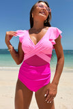 Blocs de couleur rose vif Criss Cross Maillots de bain une pièce taille haute avec manches à volants