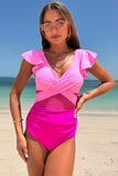 Blocs de couleur rose vif Criss Cross Maillots de bain une pièce taille haute avec manches à volants