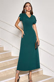 Robe de cocktail midi à col en V vert foncé à manches courtes