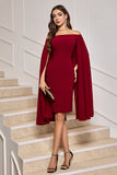 Robe de cocktail mi-longue moulante bordeaux à épaules dénudées avec manches cape