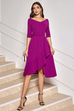 Robe de cocktail midi asymétrique violet raisin avec demi-manches