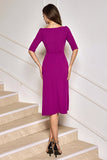 Robe de cocktail midi asymétrique violet raisin avec demi-manches