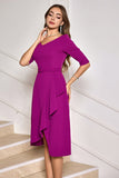 Robe de cocktail midi asymétrique violet raisin avec demi-manches