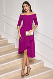 Robe de cocktail midi asymétrique violet raisin avec demi-manches