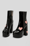 Bottes à talons hauts en cuir PU noir avec plateforme Chunky Block avec cœurs roses