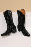 Bottes à talons épais à paillettes noires à paillettes mi-mollet