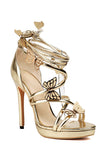 Femmes Or Metallic Strappy Stilletos Talons Sandales Chaussures avec Papillon