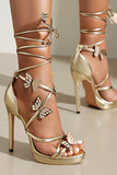 Femmes Or Metallic Strappy Stilletos Talons Sandales Chaussures avec Papillon