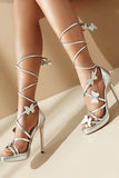 Femmes Or Metallic Strappy Stilletos Talons Sandales Chaussures avec Papillon