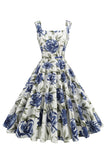 Robe vintage à col carré bleu à imprimé floral des années 1950