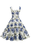 Robe vintage à col carré bleu à imprimé floral des années 1950