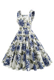 Robe vintage à col carré bleu à imprimé floral des années 1950