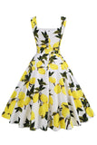 Robe vintage à col carré bleu à imprimé floral des années 1950