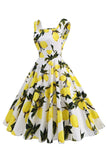 Robe vintage à col carré bleu à imprimé floral des années 1950