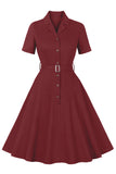 Robe simple à revers bordeaux Vintage des années 1950