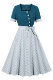 Robe à col carré bleu blanc à pois Vintage des années 1950