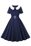 Bleu marine col rond Une ligne Vintage Robe des années 1950