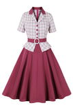 Robe à manches courtes à carreaux rouge violet swing des années 1950