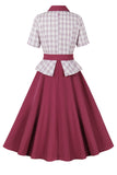 Robe à manches courtes à carreaux rouge violet swing des années 1950