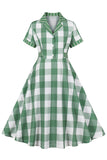 Plaid vert manches courtes rétro des années 1950 robe avec noeuds