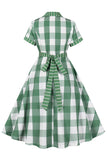 Plaid vert manches courtes rétro des années 1950 robe avec noeuds