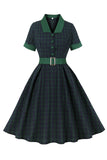 Robe Swing ceinturée à carreaux vert marine des années 1950