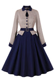 Robe bleu marine pied-de-poule ceinturée à manches longues des années 1950