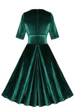 Robe à volants en velours vert foncé à col en V des années 1950