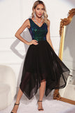 Robe de cocktail en tulle noir vert scintillant à col en V