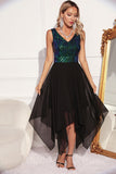 Robe de cocktail en tulle noir vert scintillant à col en V