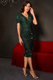 Robe de soirée moulante à paillettes vert foncé scintillante avec des bretelles courtes