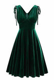 Robe courte vintage à col en V aligne vert foncé