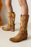 Motif tournesol marron sur bout pointu Bottes de cow-girl à talon épais