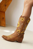 Motif tournesol marron sur bout pointu Bottes de cow-girl à talon épais